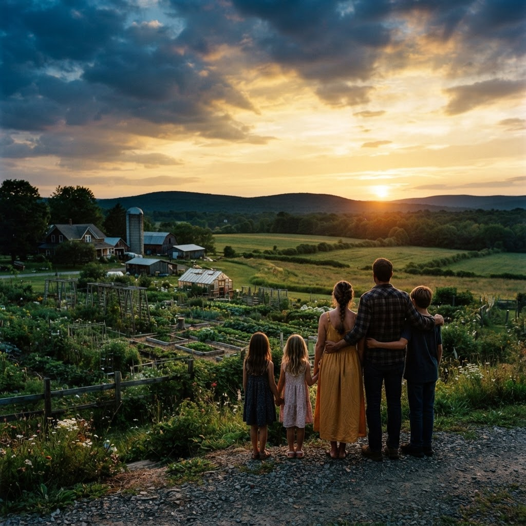 A family standing together at dusk, looking over their land